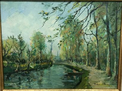 Henri STENN (1903-1993) 
Bords de rivière à Meung-sur-Loire
Huile sur toile, Signé...