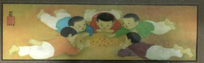 Trung Thu MAI (1906-1980) 
Enfants jouant aux billes
Impression sur soie, signée...