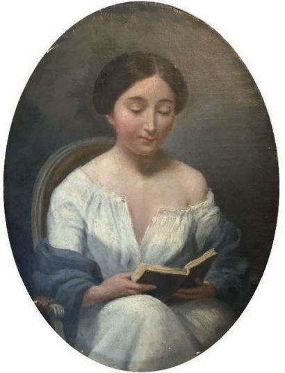 ECOLE FRANCAISE DU XIXème siècle 
Jeune femme à la lecture
Huile sur panneau 29 x...