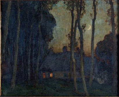 Harry F VON DER WEYDEN (1868-1952) 
Chaumière dans les bois la nuit
Huile sur toile...