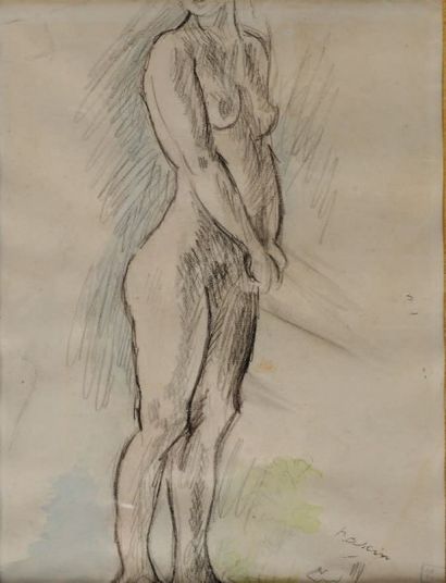 Jules PASCIN (1885-1930) 
Etude de nue
Dessin au crayon et aquarelle signée en bas...