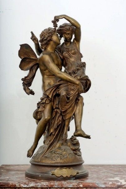 Mathurin MOREAU(1822-1912) 
Flore et Zephyr
Sculpture en bronze à patine mordorée,...