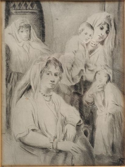 Ecole orientaliste du début du XXème siècle FEMME ET ENFANTS
Dessin au crayon, monogrammée...