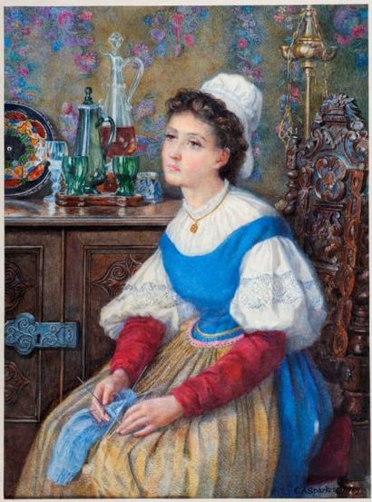 Catherine SPARKES (1842-?) Jeune femme dans in intérieur
Gouache et pastel daté 1869
A...