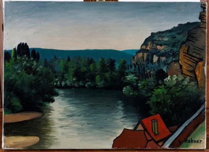 Georges Rohner, (1913-2000) Paysage au toit rouge
Huile sur toile, signée en bas...