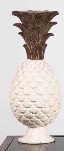 null Amusant pied de lampe «Ananas» en céramique blanche et feuilles en bois
H. ...