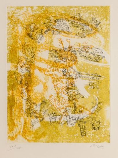 Camille BRYEN (1907-1977) 
COMPOSITION SUR FOND JAUNE Gravure en couleurs, signée...