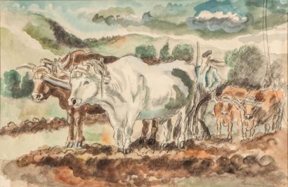 Hermine DAVID (1886-1970) 
LES TRAVAUX DES CHAMPS Aquarelle, signée et datée 1943...