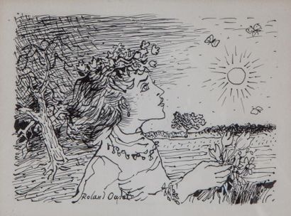 Roland OUDOT (1897-1981) 
FEMME AU BOUQUET DE FLEURS Encre de chine sur papier, signée...