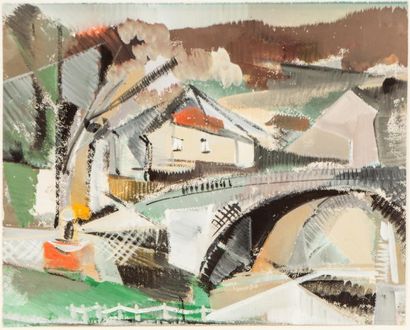 Ecole moderne cubiste 
PAYSAGE AU PONT Gouache sur papier
33 x 43 cm