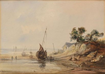 Édouard QUESNEL (Le Havre, 1842 - Paris, 1891) Bateaux sur un rivage à marée basse
Aquarelle...