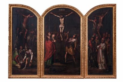 Nicolás CORREA (Mexique, vers 1660 - vers 1720) La Crucifixion avec deux larrons
Trois...