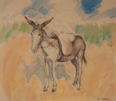 Henri LEBASQUE (1865-1937) Le petit âne
Aquarelle et crayon sur papier contrecollé...