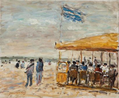 Jean- Jacques RENE (Né en 1943) Trouville, la terrasse sur la plage huile sur toile...