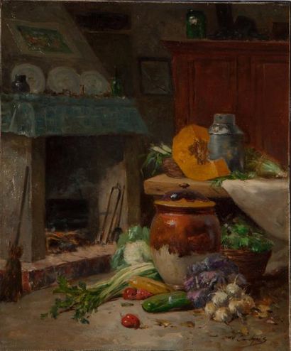 Eugene Henri CAUCHOIS (1850-1911) Nature morte devant la cheminée
Huile sur toile,...