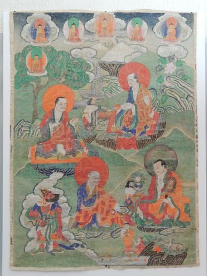 null Peinture sur toile représentant les cinq Arhats Tibet XIXème siècle H:89,5 L:64...