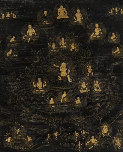 null Tangkha à décor doré sur fond noir des épisodes de la vie de Bouddha H:62 L...