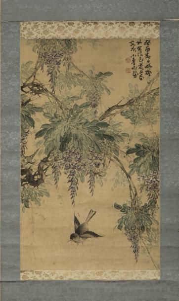 null Peinture Chine représentant d'un oiseau au milieu de glycines, signée Xiao Lu(«le...