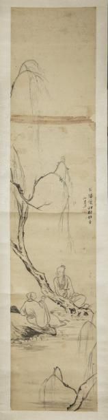null Peinture Chine représentant deux lettrés buvant sous un saule L:128x28cm