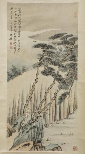 null Peinture Chine représentant un lettré sous des pins dans la montagne. signée...
