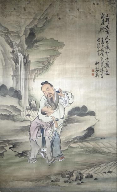 null Peinture Chine illustrant la rencontre de l'immortel Lu Dongbing avec un moine...