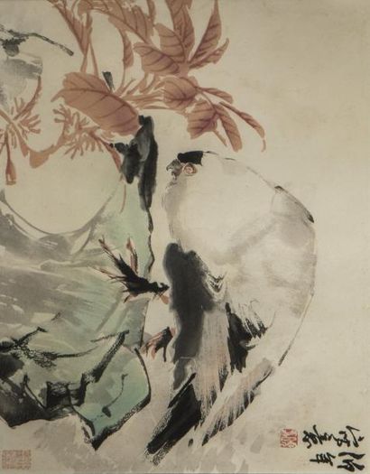 null Peinture Chine représentant un oiseau, sur papier,signé Ren Bonian,alias Ren...