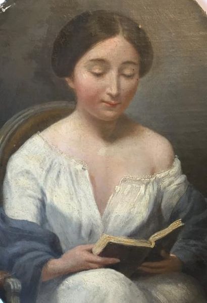 ECOLE FRANCAISE DU XIXème siècle Jeune femme à la lecture
Huile sur panneau 29 x...