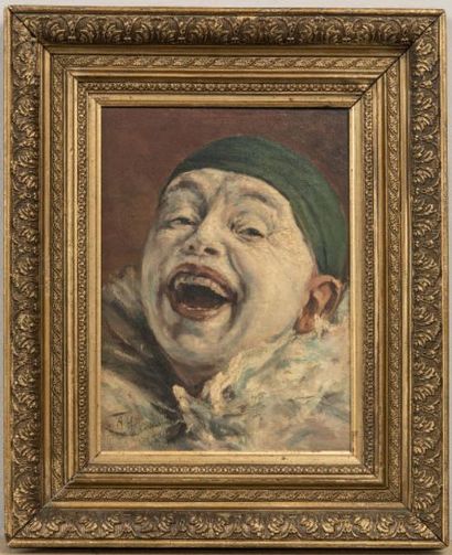 Armand HENRION (1875-1958) 
Clown au bonnet vert huile sur panneau signée du monogramme...