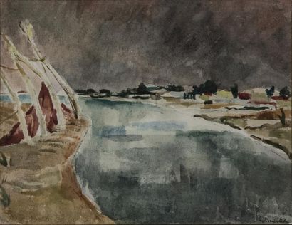 Willy EISENCHITZ (1889-1974) 
Canal du Midi à Carnon (séchage des filets)
Aquarelle,...