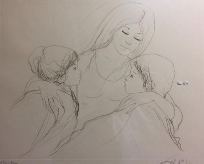 Jean Baptise VALADIE (Né en 1933) 
Femme et enfants gravure signée en bas à droite,...