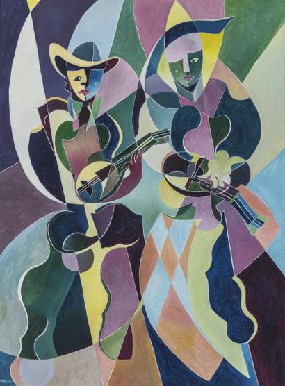 Michel MORENO (1945) 
Composition, Les joueurs de mandoline
Huile sur toile, signée...