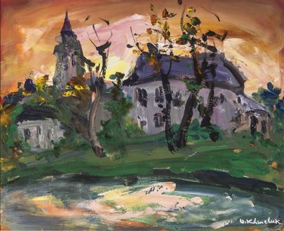 Vasyl KHMELUK (1903-1986) 
Abbaye au coucher de soleil	
Gouache vernissée sur carton,...