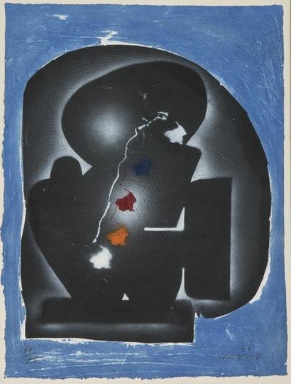 Ladislas KIJNO (1921-2012) 
Composition sur fond bleu
Lithographie au carborundum,...