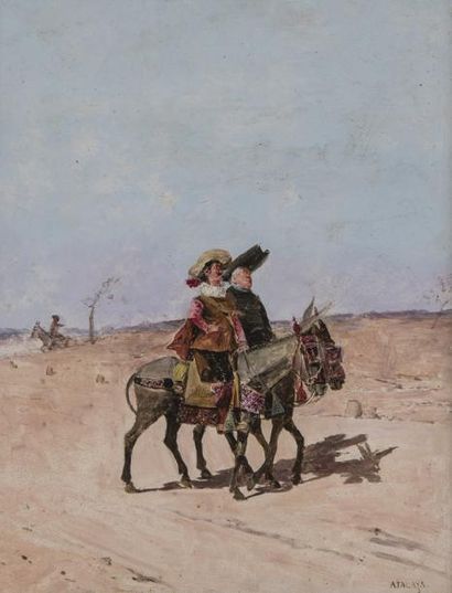 Enrique ATALAYA (1851-1914) 
Don Quichotte et Sancho Pansa
Huile sur panneau, signée...