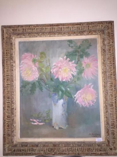null A Richy - école moderne, "Vases de Dalhia", huile sur toile signée et datée...