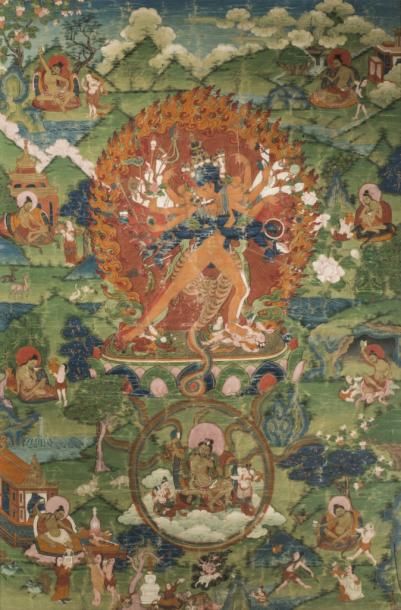 TIBET - XVIIIe siècle 
Tangka, détrempe sur toile, Guhyasamaja à trois têtes et 24...