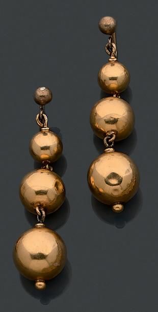 null PAIRE DE PENDANTS D'OREILLES en or jaune (750 millièmes) composé de trois boules...