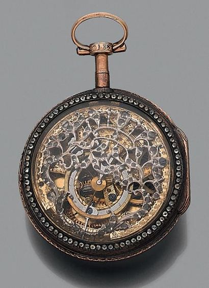 MOILLIET 
Rare MONTRE DE POCHE «squelette» en or rose (750 millièmes) et argent (min.
800...