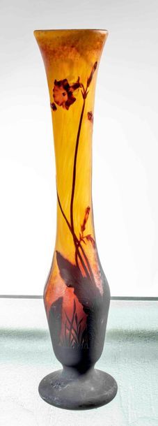 DAUM Nancy Grand vase soliflore étiré en verre dégagé à l'acide à décor de fleurs...