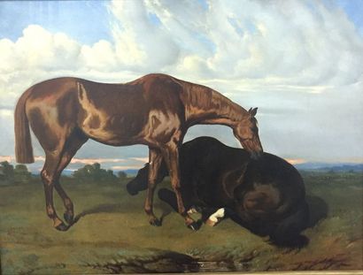 ÉCOLE FRANCAISE (XIXÈME SIÈCLE) "Les 2 chevaux dans un paysage"
Huile sur toile ...