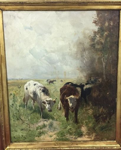 Henry SCHOUTEN (1857-1927) "Les vaches au pâturage"
Huile sur toile signée en bas...