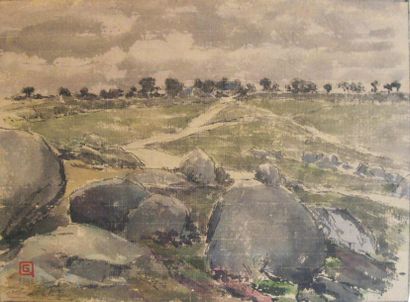 null Gustave QUENIOUX (1865-1949) 

Tréboul, rochers et landes

Aquarelle, signée...