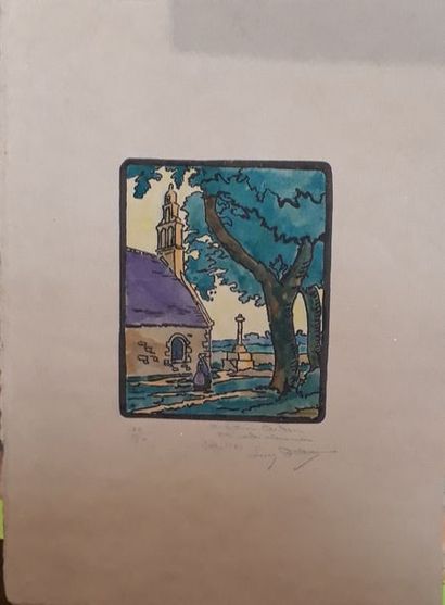 null Louis DELETTRE (1883-XXe siècle) 

"Calvaire devant l'eglise"

Xylographie aquarellée,...