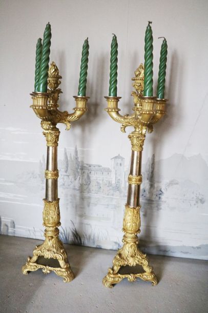 null Paire de candélabres en bronze doré à trois bras de lumière, richement décorés...