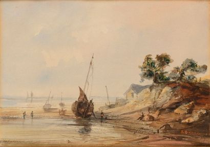 null Édouard QUESNEL (Le Havre, 1842 - Paris, 1891)

Bateaux sur un rivage à marée...