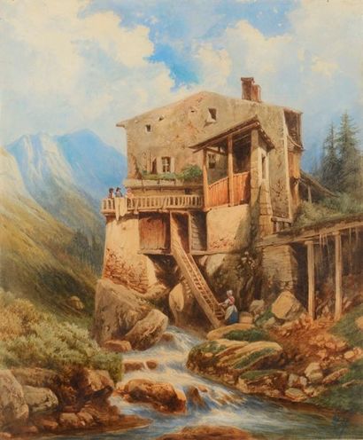 null École française ou suisse du XIXe siècle

Auberge de montagne au bord d'un torrent...