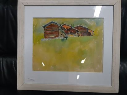 null H RIMI (XXe siècle) "Cabane en rondins", aquarelle, signée en bas à droite et...