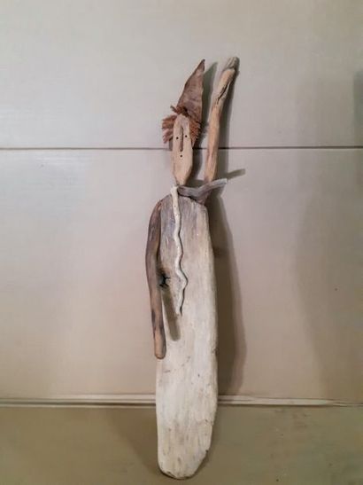 null Marc BOURLIER (1947), "Personnage au bras levé", sculpture en bois flotté et...