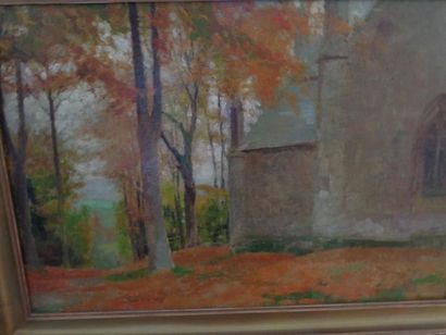 null Léon LERAY (1901-1976) " Chapelle dans la forêt en automne", huile sur panneau,...