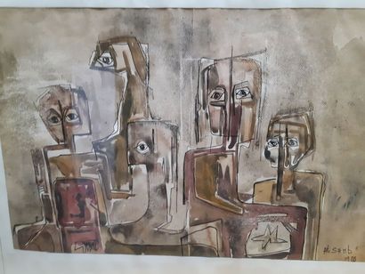 null Ali SAMB (XXe siècle), "Composition", huile sur toile, 29x45 cm. Signé en bas...
